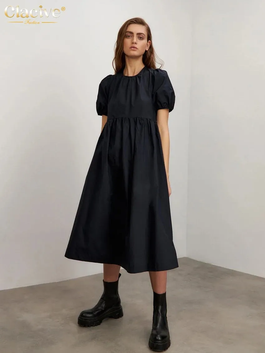 Clacive Casual Loose Black Women'S Dress Summer O-Neck Short Sleeve Office Midi Dress Elegant High Waist A-Line Female Dress