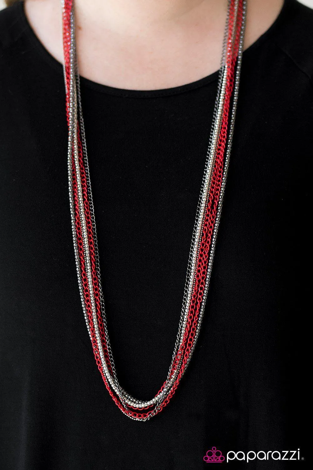 Colorful Calamity Red, Gunmetal and Silver Necklace - Paparazzi Accessories