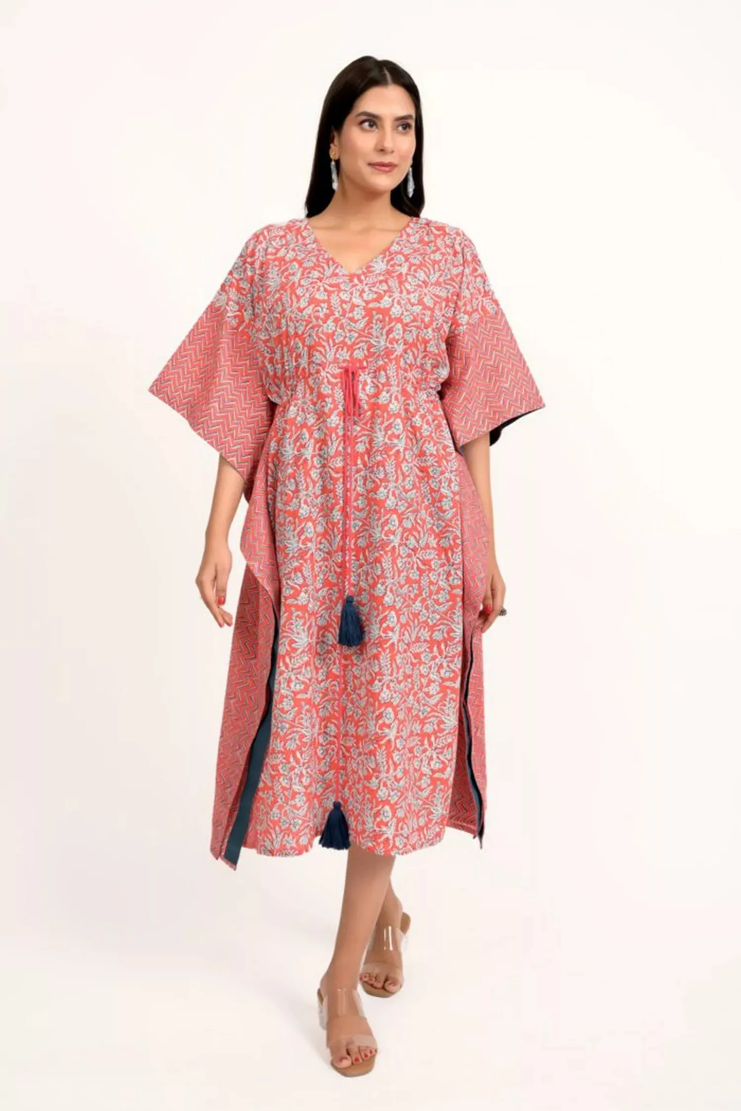 Coral Pink And Blue Printed Long Kaftan