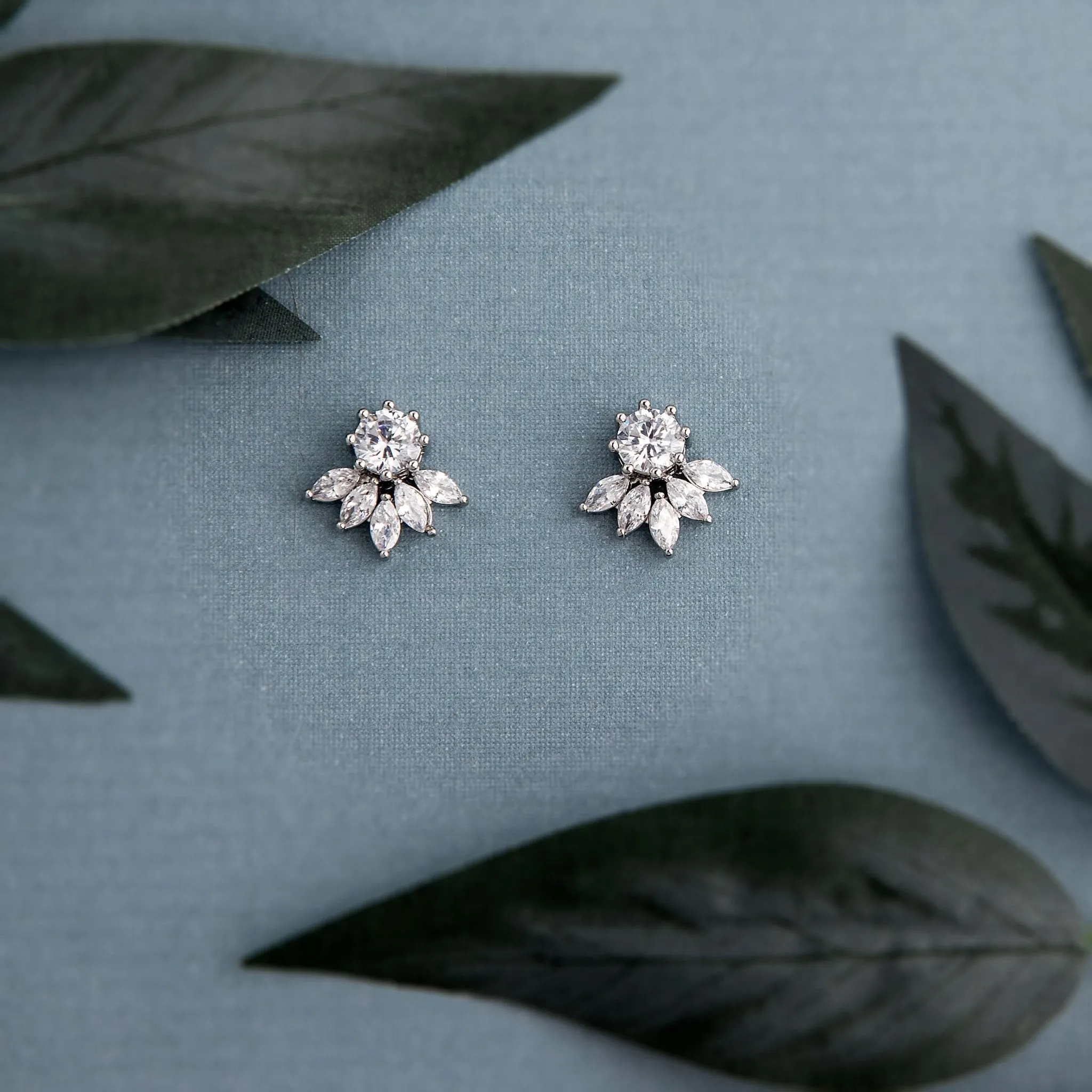 CZ Stud Earrings with Marquise Leaf