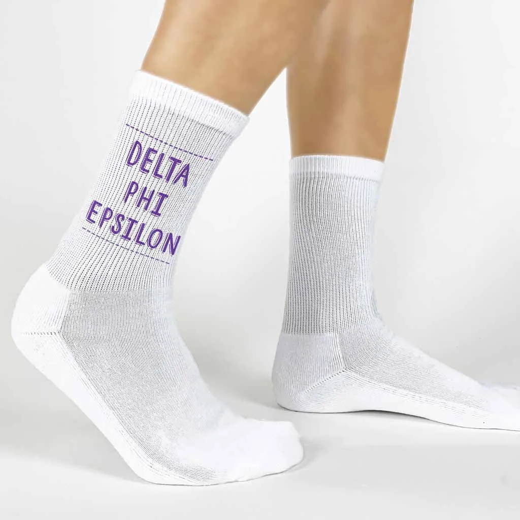 Delta Phi Epsilon Crew Socks with Delta Phi Epsilon Name in Sorority Colors