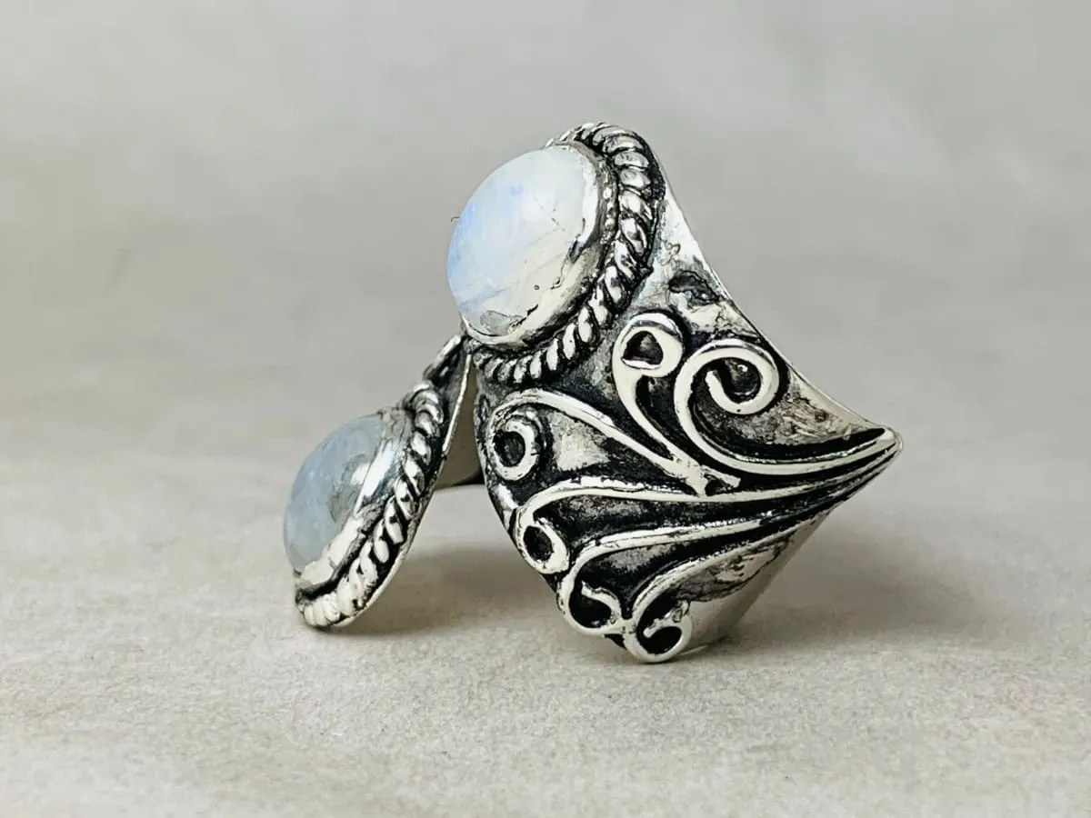 Double Moonstone Ring, 925 Sterling Silver Ring, Handmade Ring, Blue Flash Ring, Statement Ring, Bohemian Ring, Woman Ring, Everyday Ring