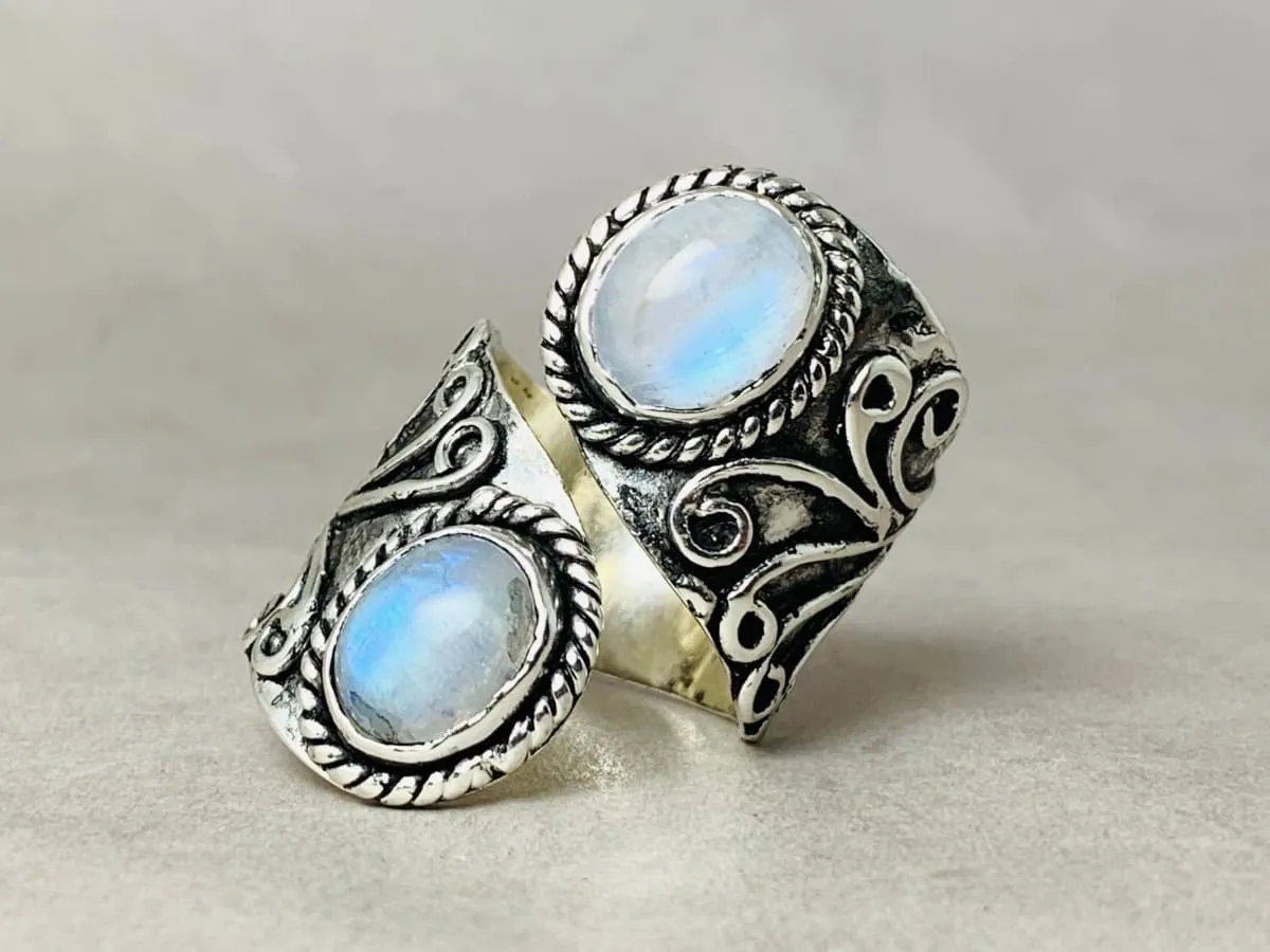 Double Moonstone Ring, 925 Sterling Silver Ring, Handmade Ring, Blue Flash Ring, Statement Ring, Bohemian Ring, Woman Ring, Everyday Ring