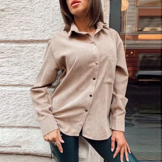 DressBetty - Women Casual Pockets Corduroy Velvet Blouse Long Sleeve Turn Down Collar Solid Office Lady Shirt  Winter Fashion Women Tops