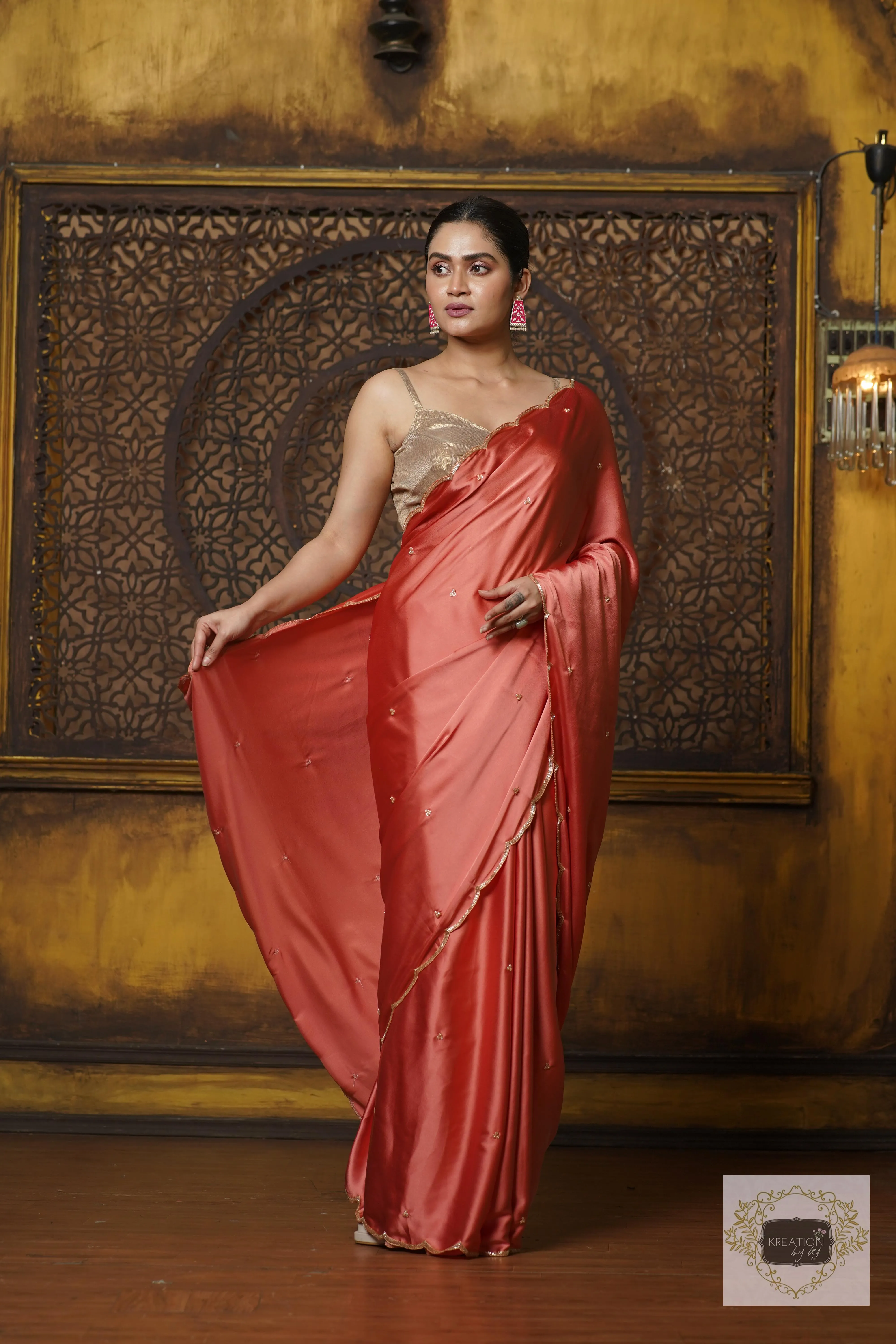 Dusty Rose Satin Silk Saree With Handembroidered Scalloping