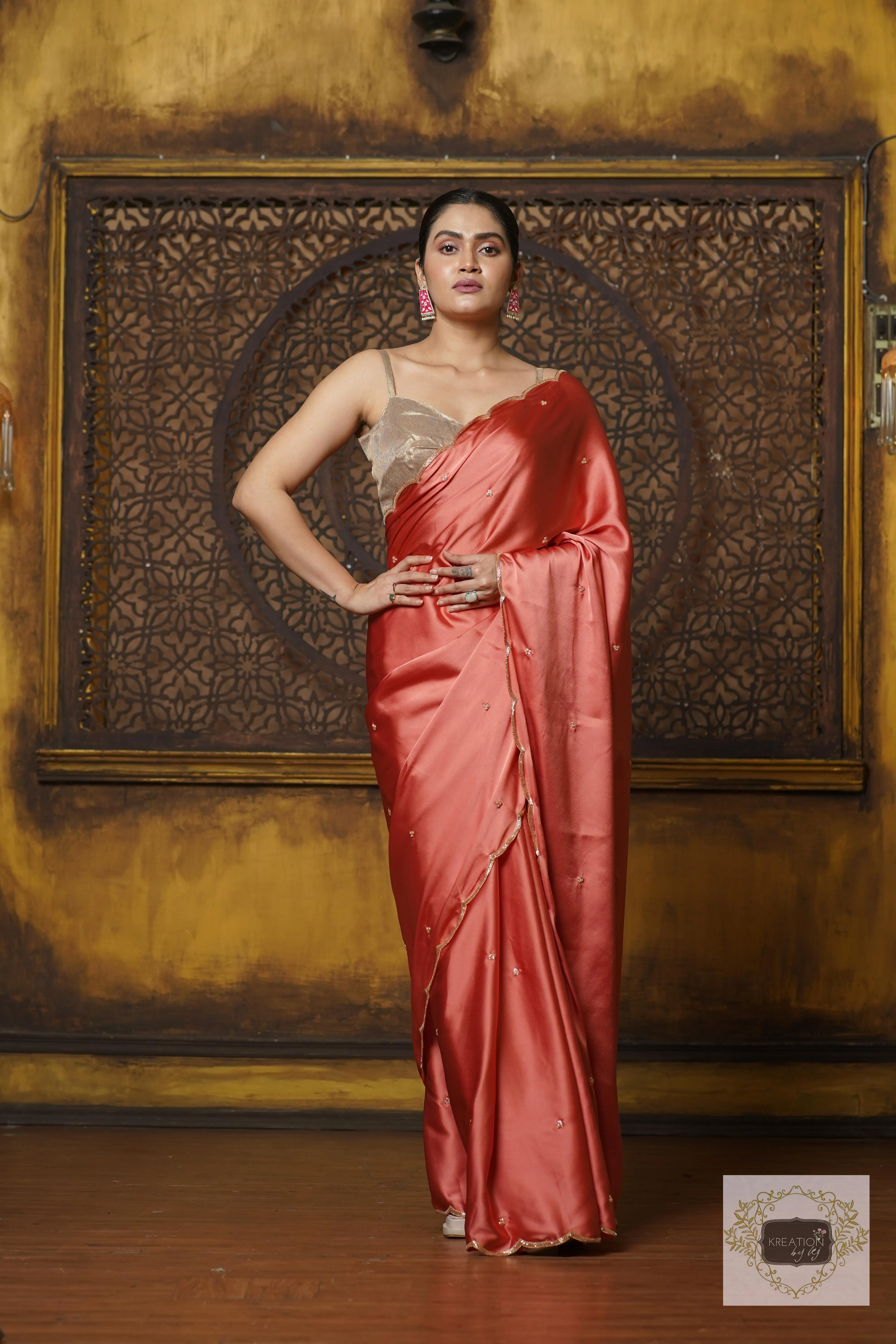 Dusty Rose Satin Silk Saree With Handembroidered Scalloping