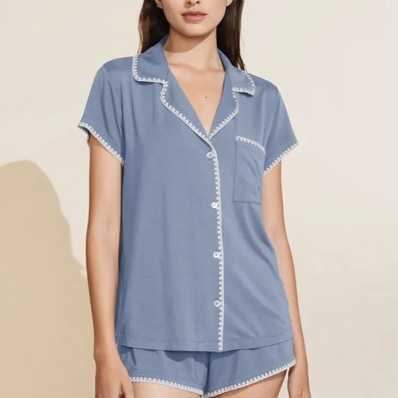 Eberjey Frida Whip Stitch Short PJ Set in Wedgewood Blue / Ivory PJ2018S