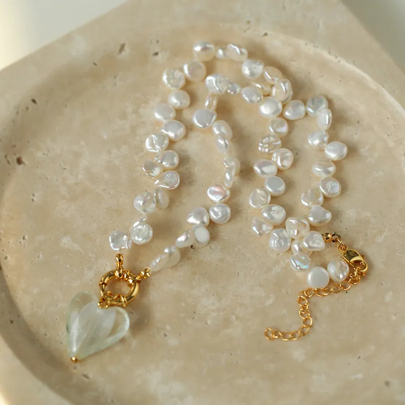 Flower Baroque Pearls Heart Pendant Necklace