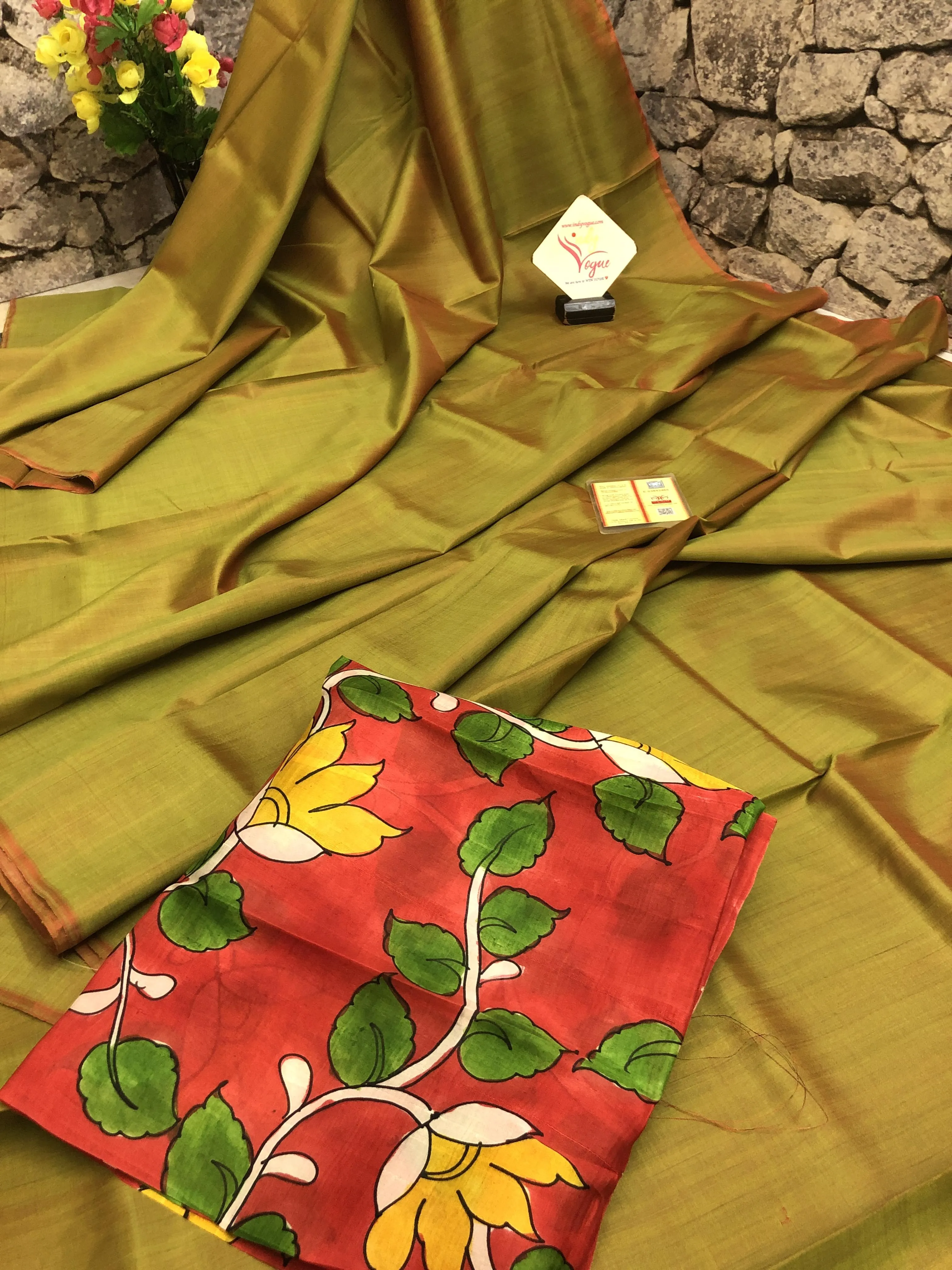 Green and Red Dual Tone Bishnupur Silk Saree with Kalamkari Blouse