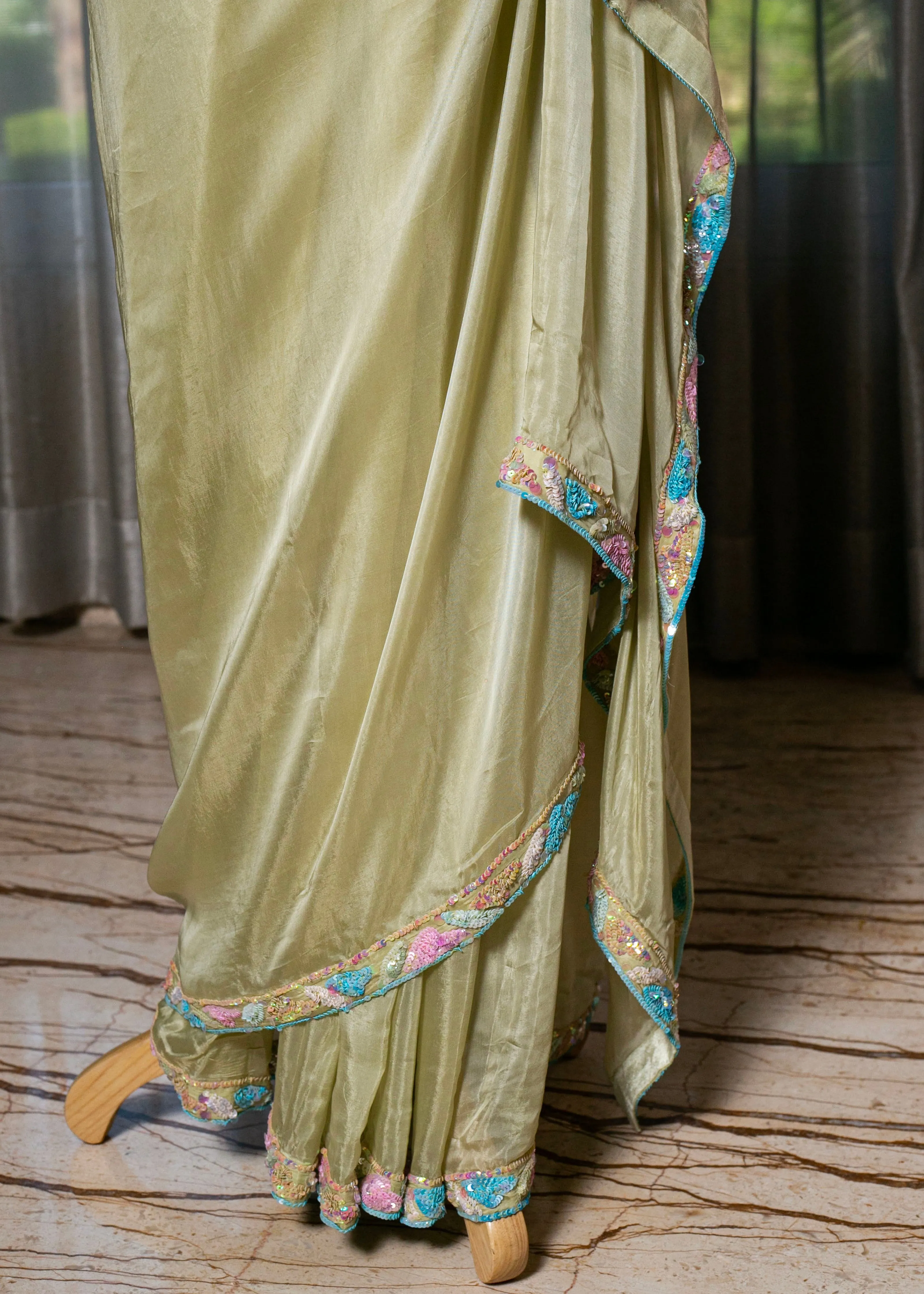 Hand Embroidered Lime Green Organza Saree with Strap Blouse