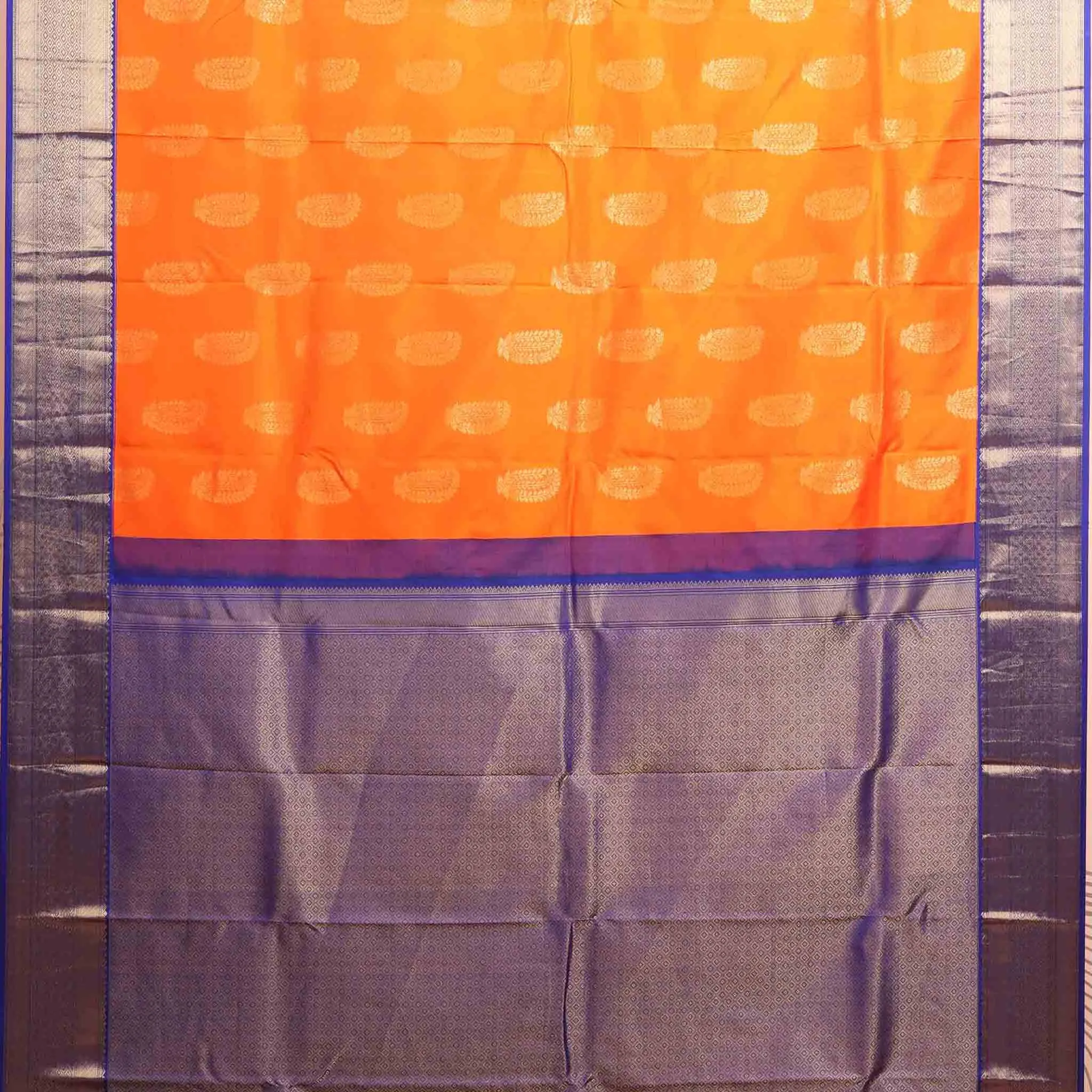 Handwoven Orange with Blue Kanjivaram Silk Saree - 218N008320DSA