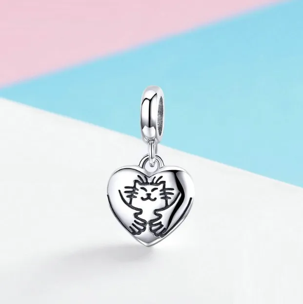 I Love My Cat Heart Hug Dangle Charm 925 Sterling Silver