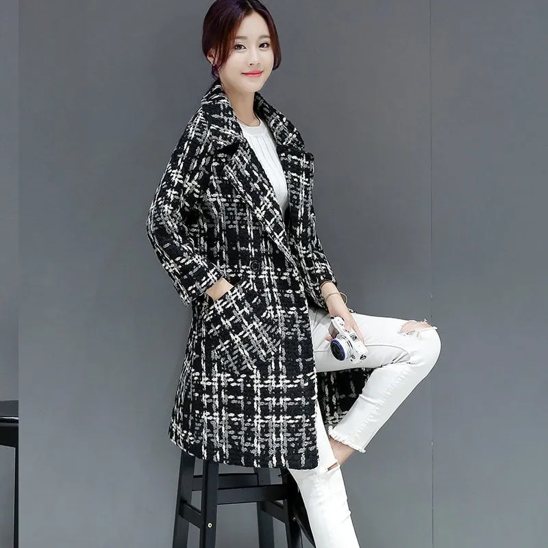 KENDRA Design Women's Fine Fashion Elegant Luxury Style Black & White Plaid Wool Coat Jacket