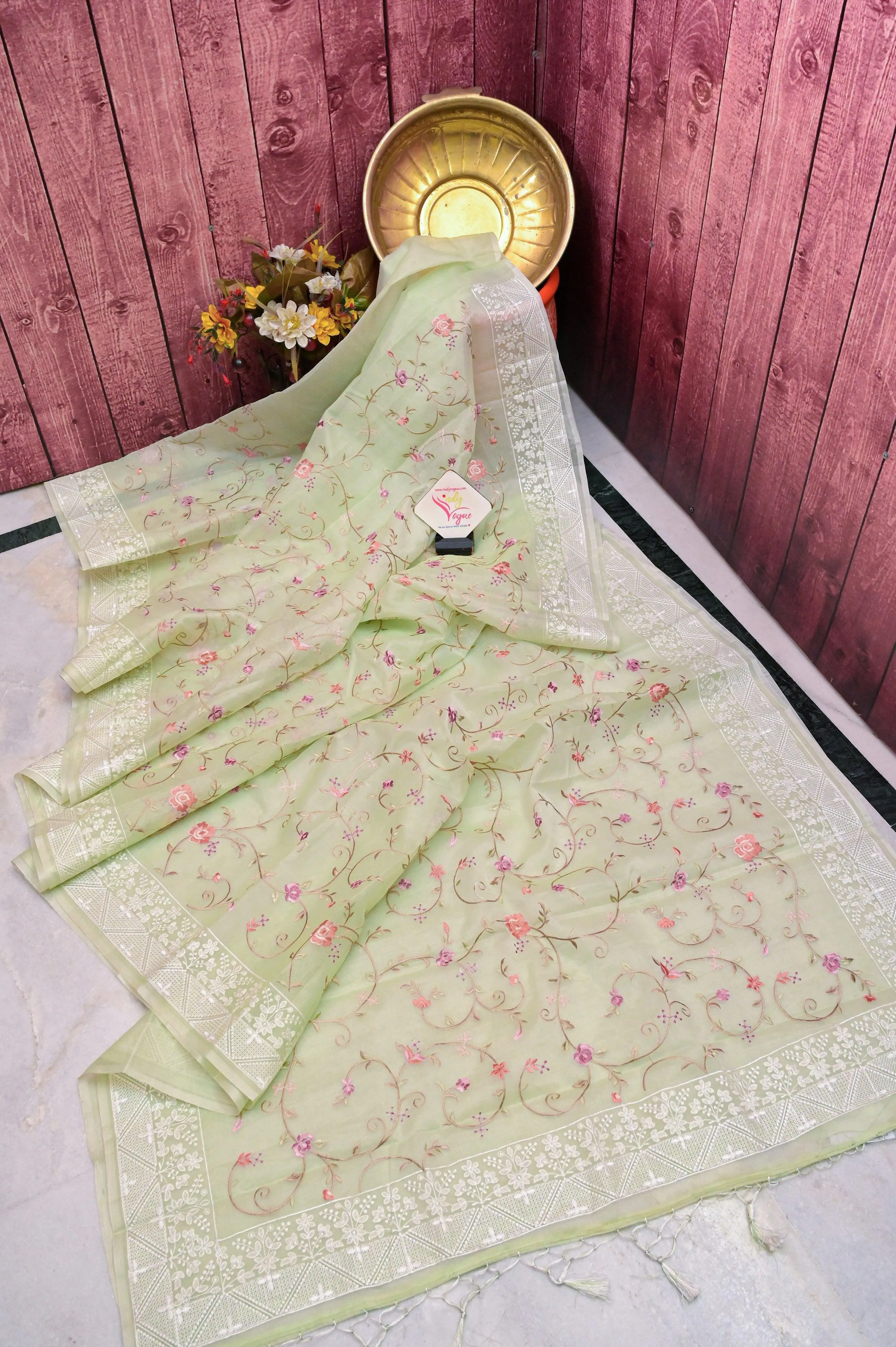 Light Pista Green Color Designer Kora Organza Saree with Embroidery and Chikankari Border