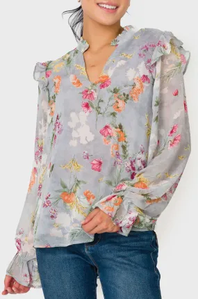 Long Sleeve Ruffle Trim V-Neck Blouse