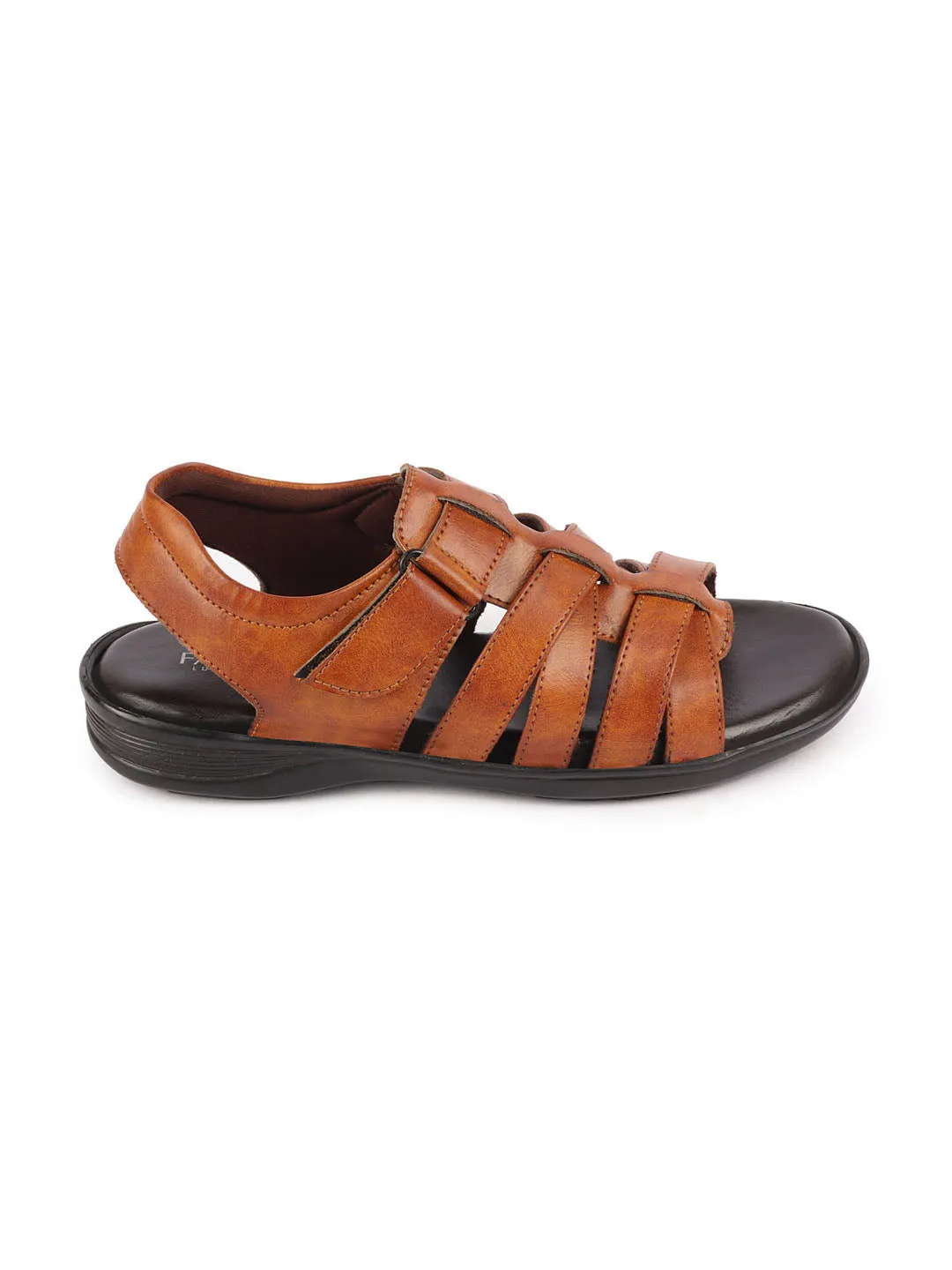 Men Tan Multi Cross Strap Broad Feet Open Toe Casual Dress Sandals