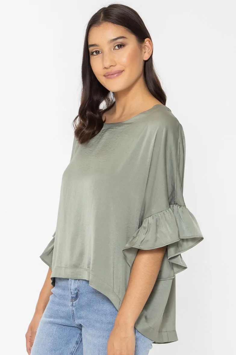 Monte Carlo Sage Washer Satin Ruffle Sleeve Relax Top