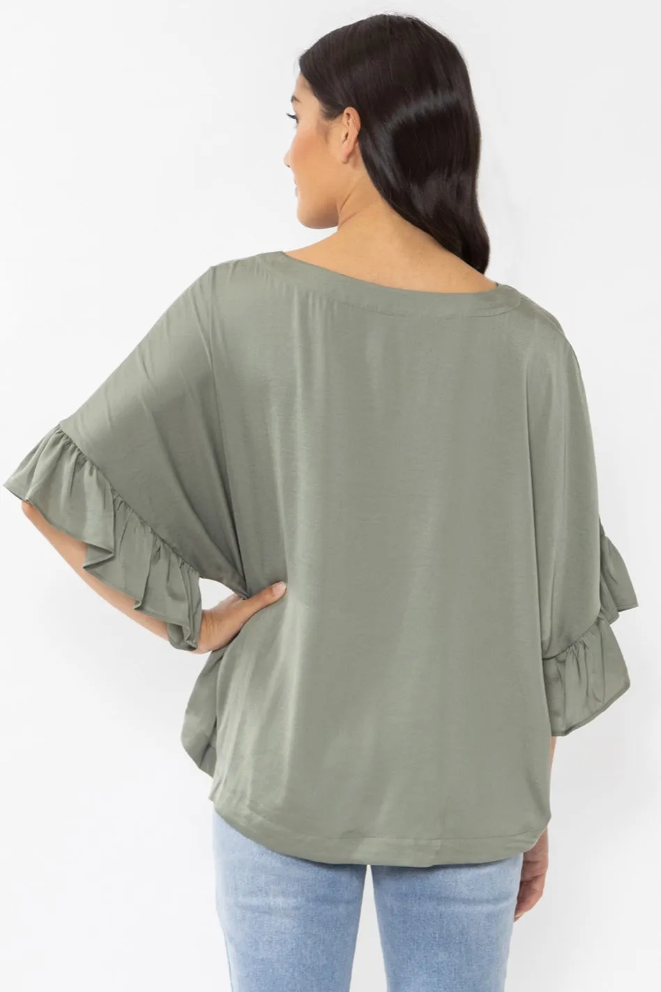 Monte Carlo Sage Washer Satin Ruffle Sleeve Relax Top