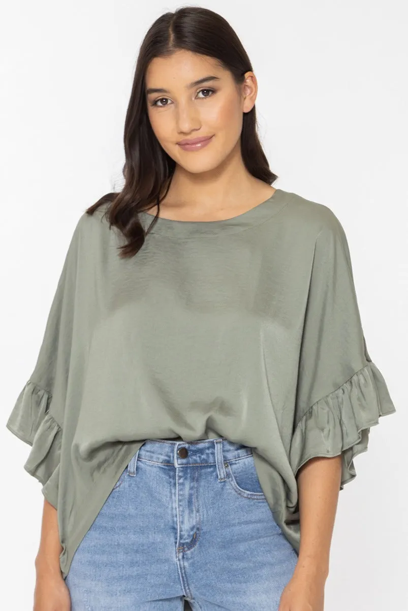 Monte Carlo Sage Washer Satin Ruffle Sleeve Relax Top