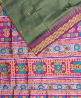 Olive green magentatussar silk handloom gopalpur saree