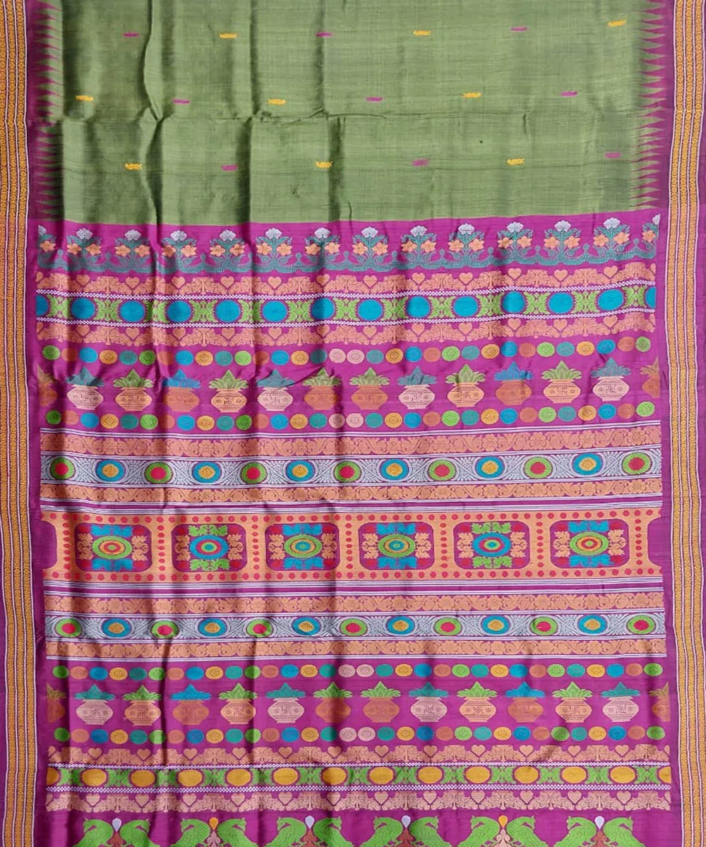 Olive green magentatussar silk handloom gopalpur saree