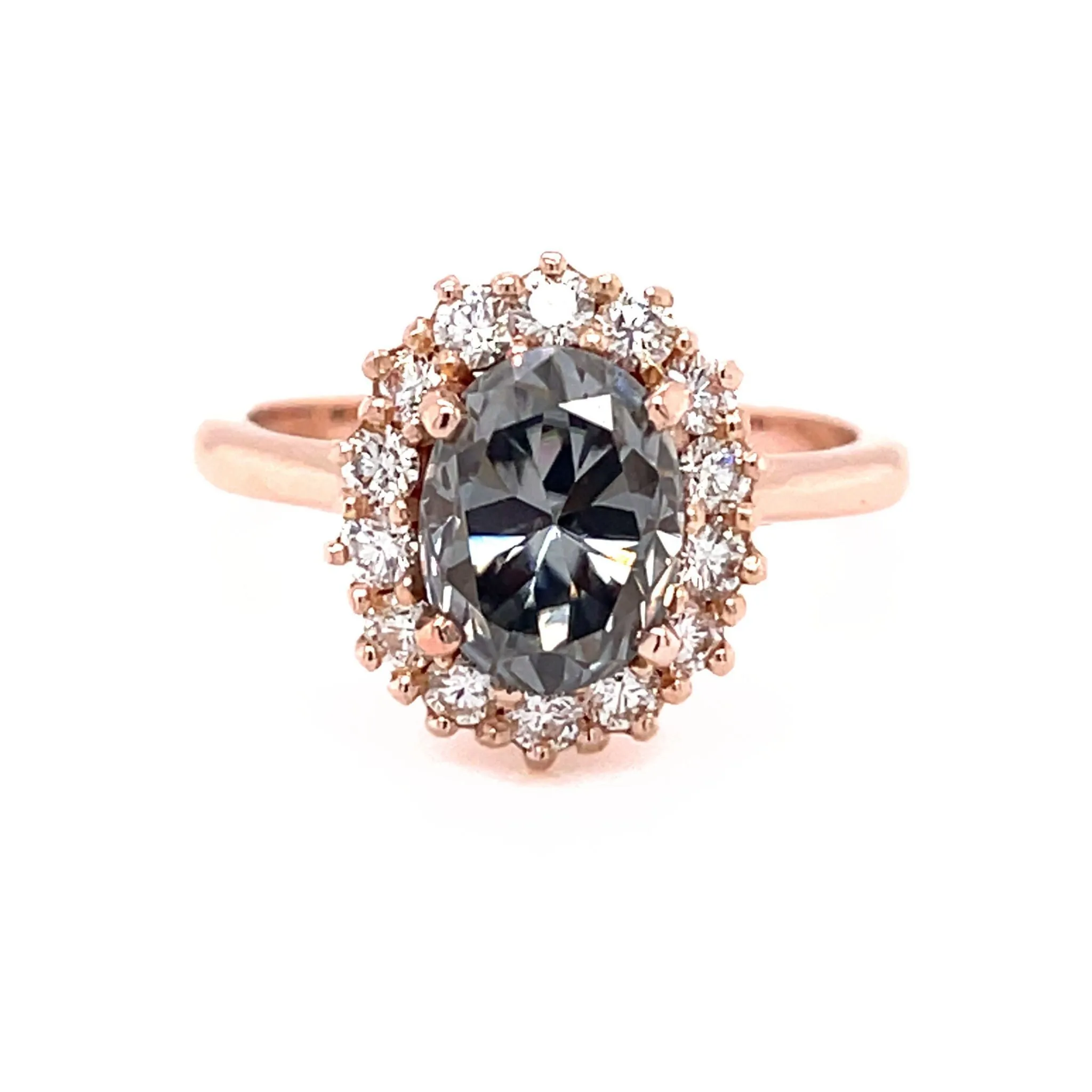 Oval Gray Moissanite Engagement Ring Vintage Inspired Halo Design