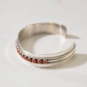 Patrick Yazzie Navajo Red Coral USA Native American Made 925 Sterling Silver Cuff