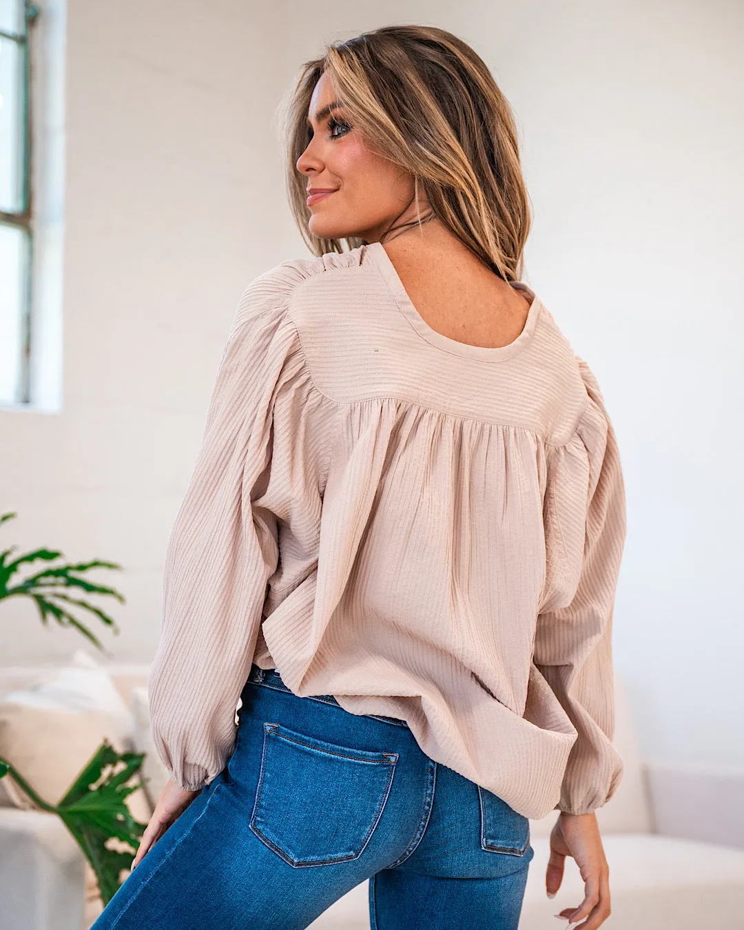 Pearl Ribbed Button Up Batwing Blouse