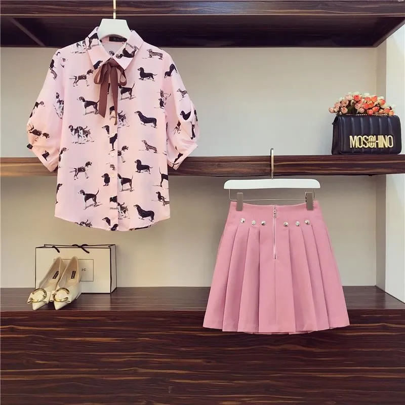 Pink Printing Blouse   Skirt Suit AD11907