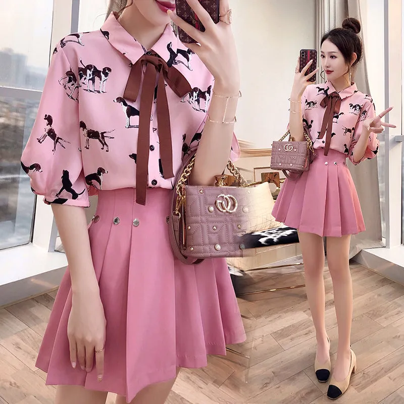 Pink Printing Blouse   Skirt Suit AD11907