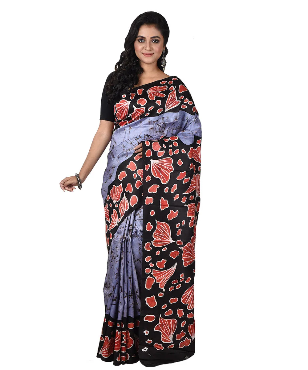 Purple black silk handloom batik print saree