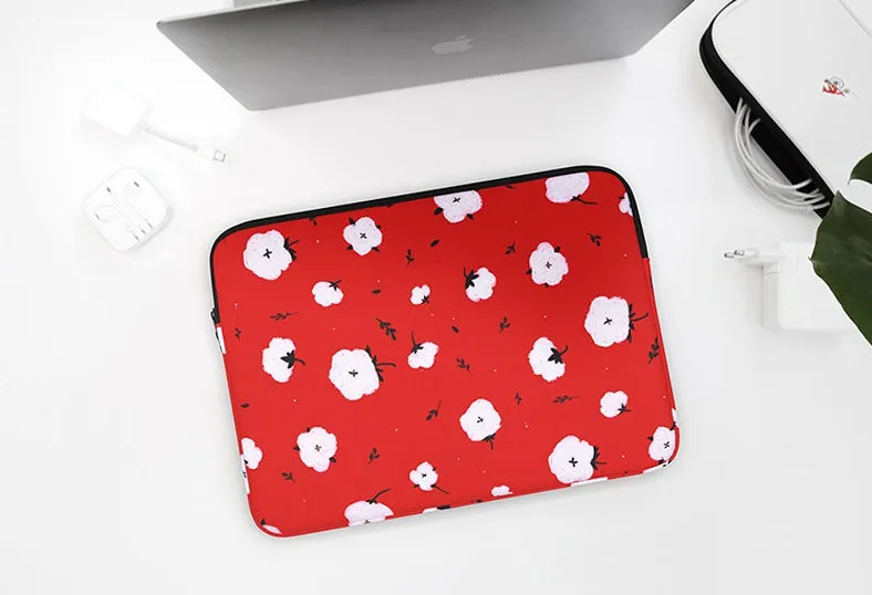 Red Cotton Floral Graphic Laptop Sleeves 11 13 15 inch Cases Protective Skins Covers Handbags Square Pouches Designer Artist Prints Cute Lightweight Collage Office Zipper Fashion School Unique Couple Item Gifts