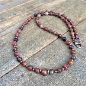 Red Creek Jasper Necklace, Small Layering Beaded Necklace, Unisex Bead Necklace,  Copper Stone Jewelry, Lightweight Beaded Jewelry