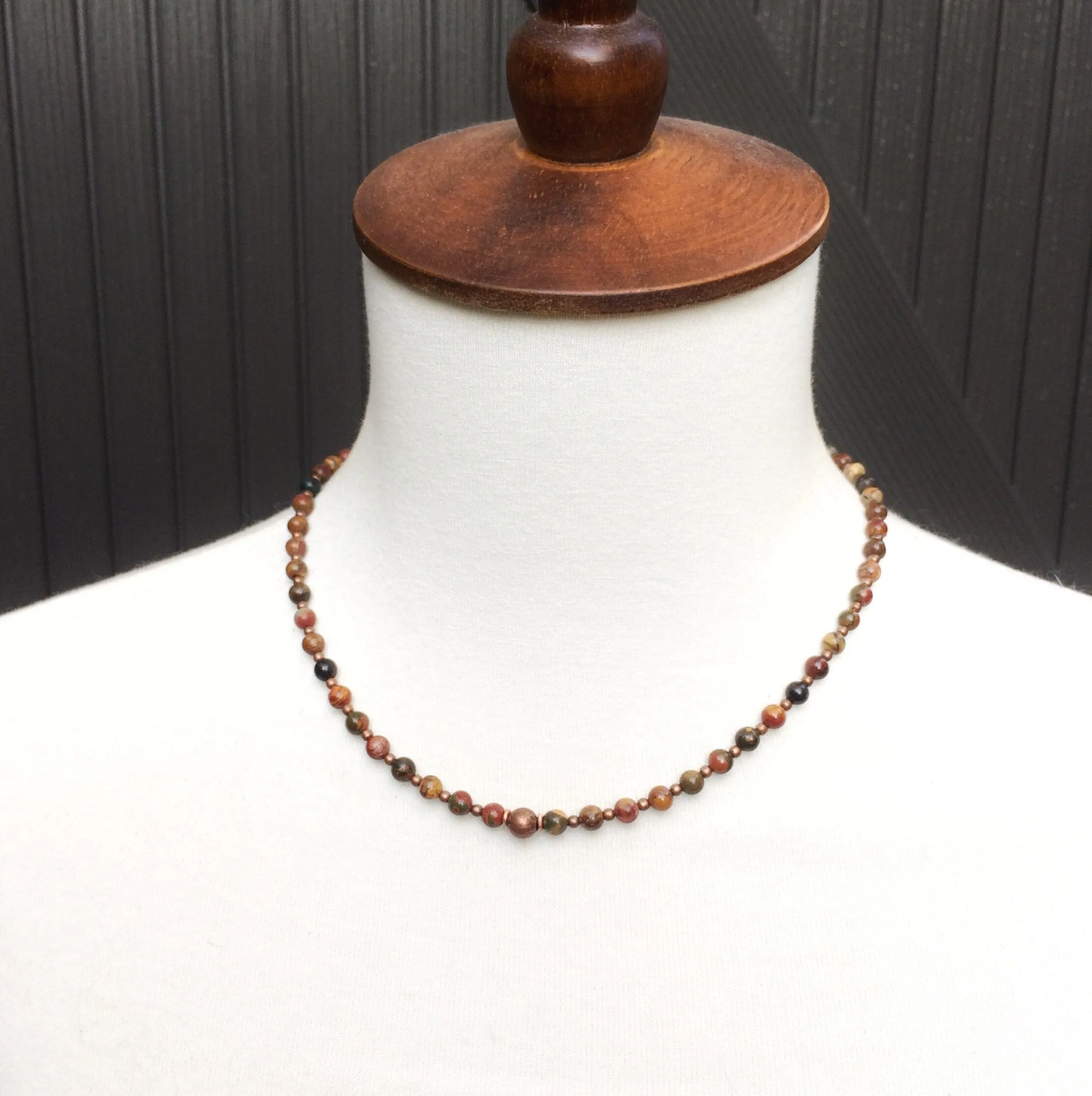 Red Creek Jasper Necklace, Small Layering Beaded Necklace, Unisex Bead Necklace,  Copper Stone Jewelry, Lightweight Beaded Jewelry