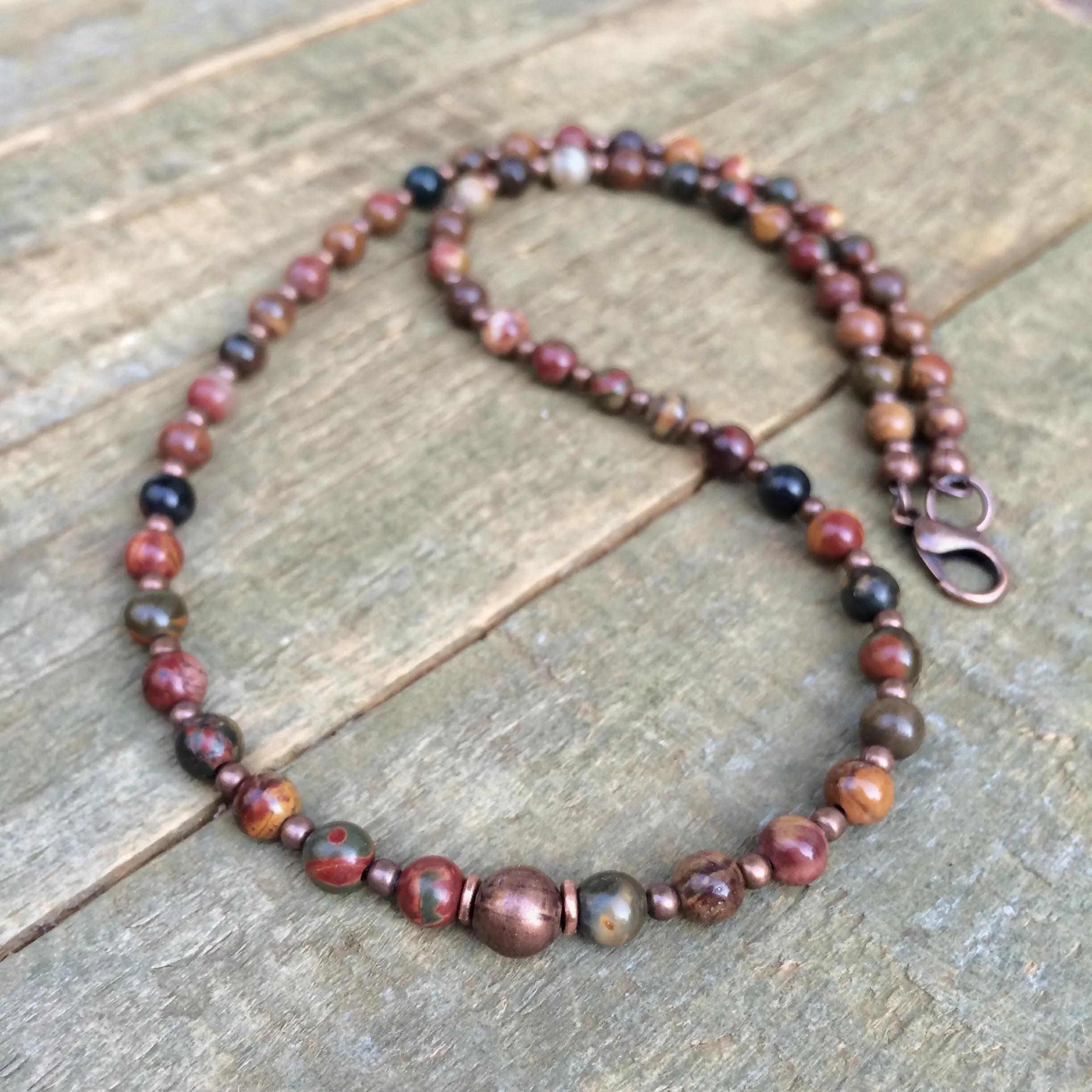 Red Creek Jasper Necklace, Small Layering Beaded Necklace, Unisex Bead Necklace,  Copper Stone Jewelry, Lightweight Beaded Jewelry