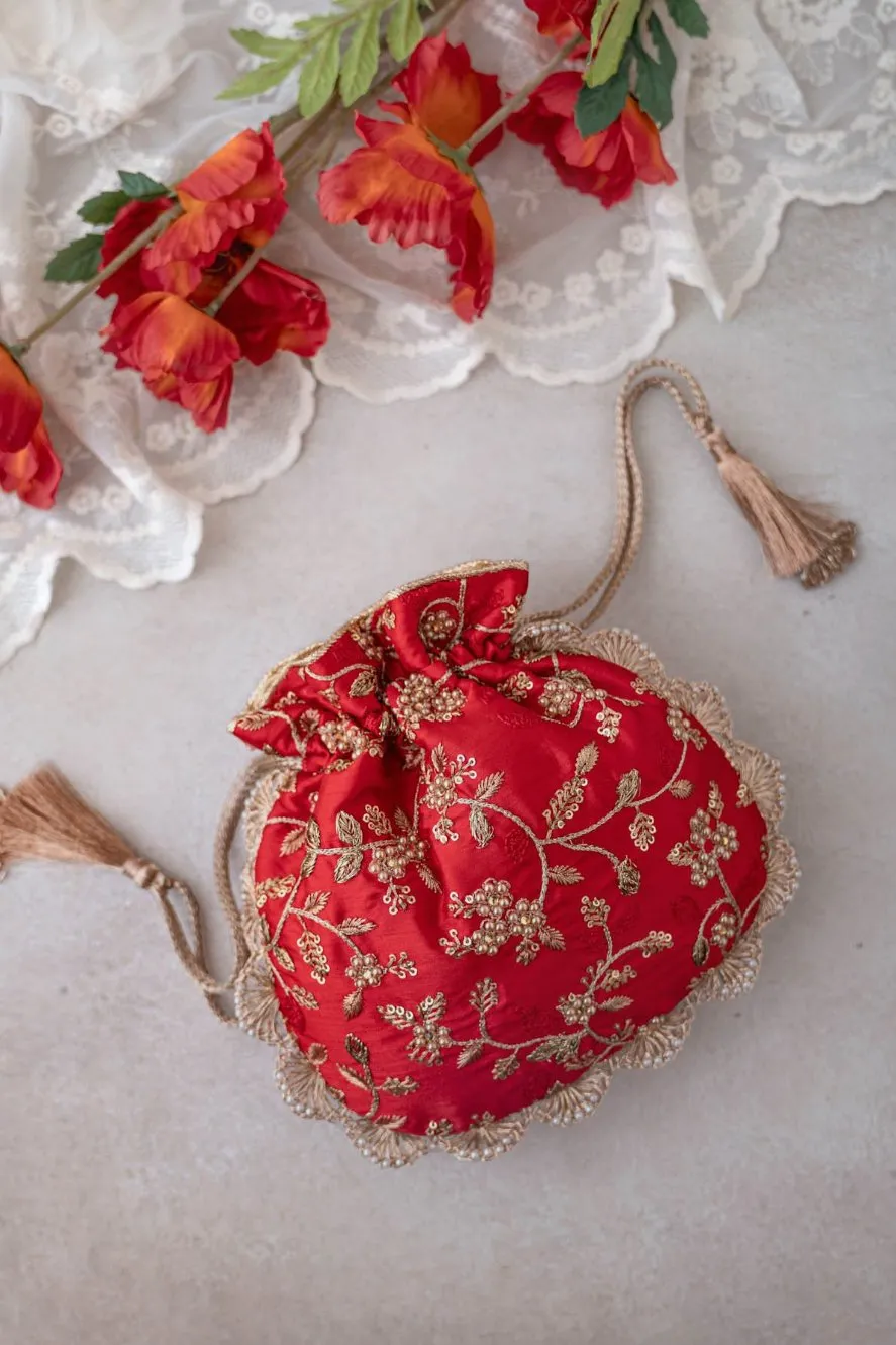 Red Embroidered Pearl Potli bag