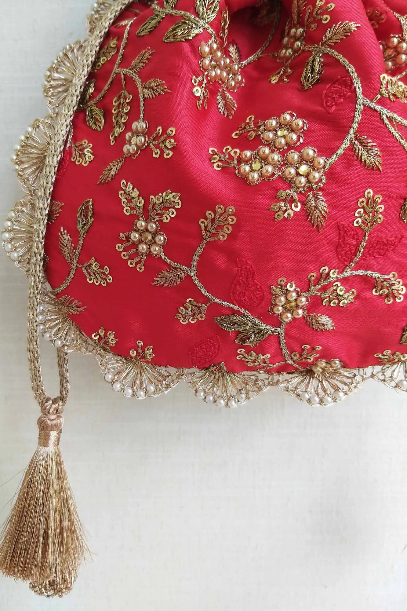 Red Embroidered Pearl Potli bag