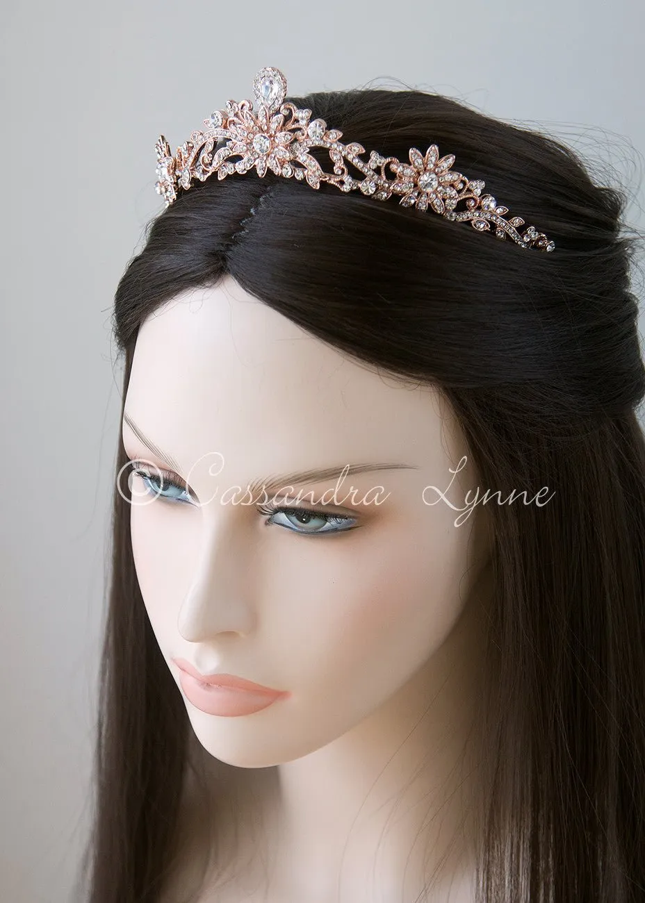 Rose Gold Princess Tiara with Floral Design