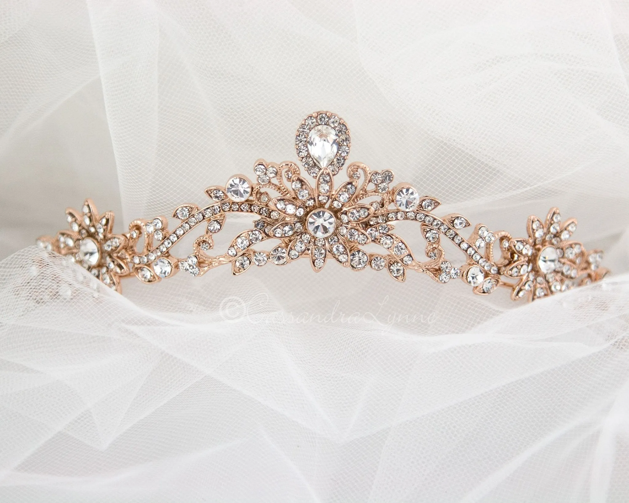 Rose Gold Princess Tiara with Floral Design