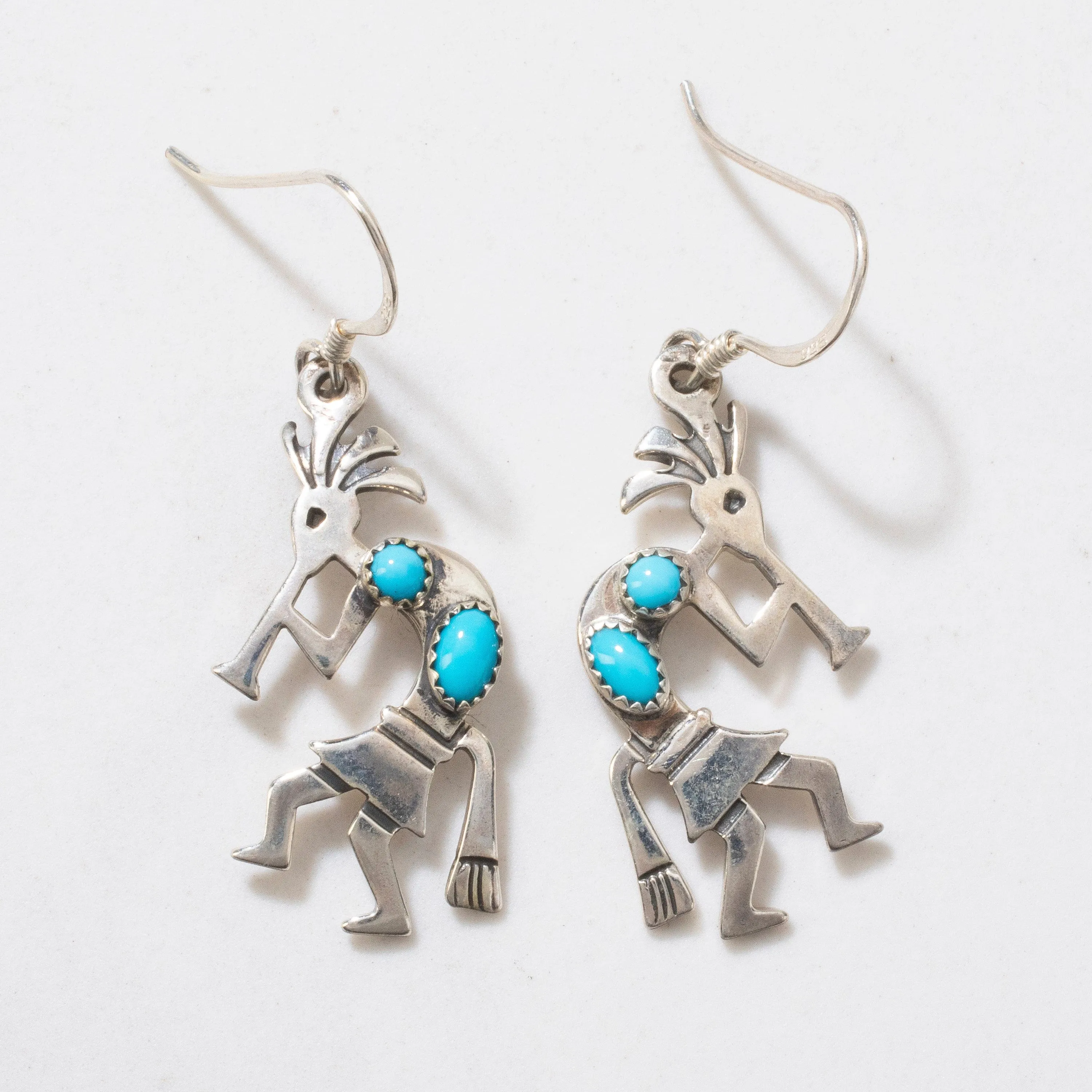 Sleeping Beauty Turquoise Kokopelli Navajo USA Native American Made 925 Sterling Silver Earrings with French Hook