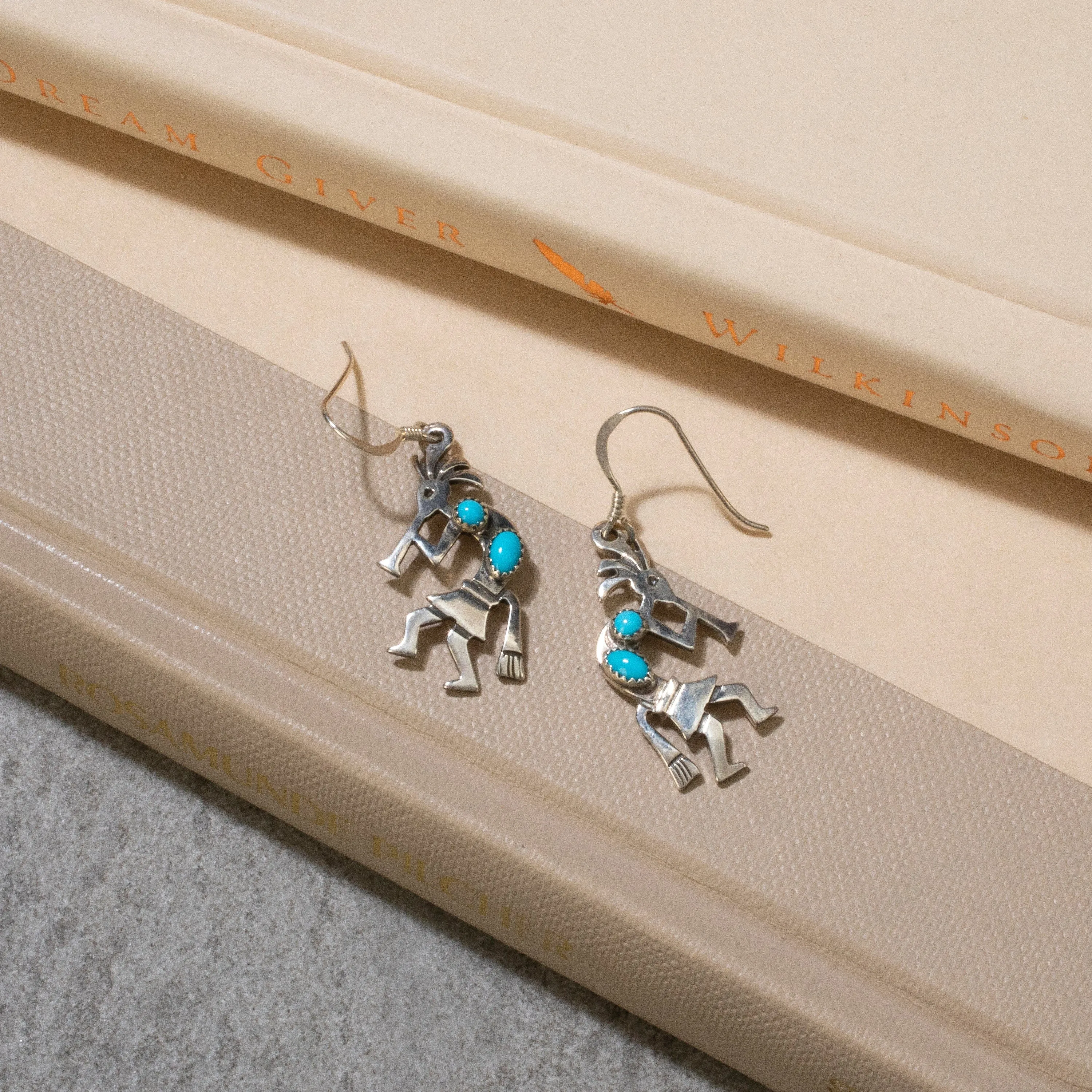 Sleeping Beauty Turquoise Kokopelli Navajo USA Native American Made 925 Sterling Silver Earrings with French Hook