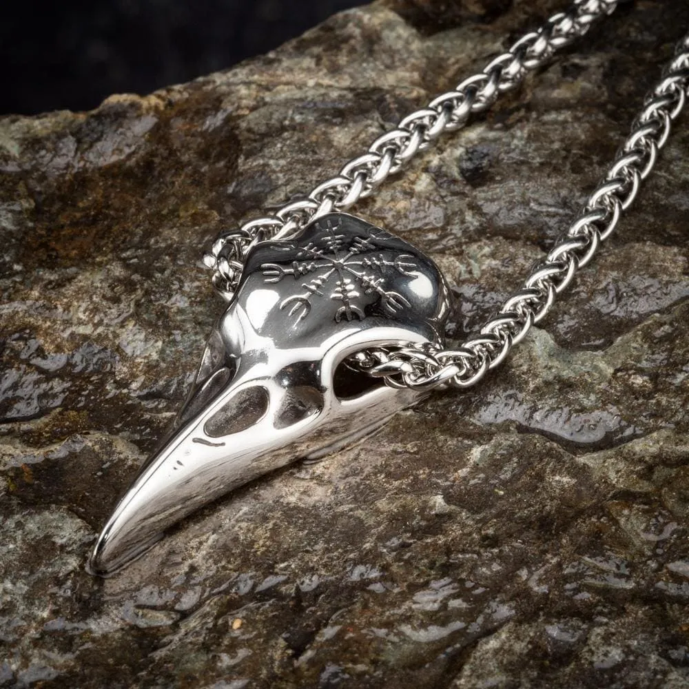 Stainless Steel Raven Skull and Helm of Awe Pendant