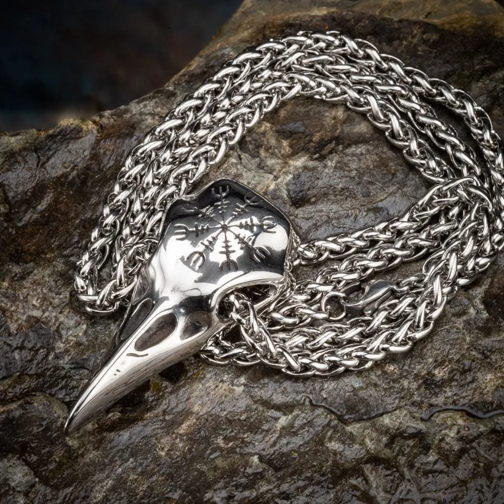 Stainless Steel Raven Skull and Helm of Awe Pendant