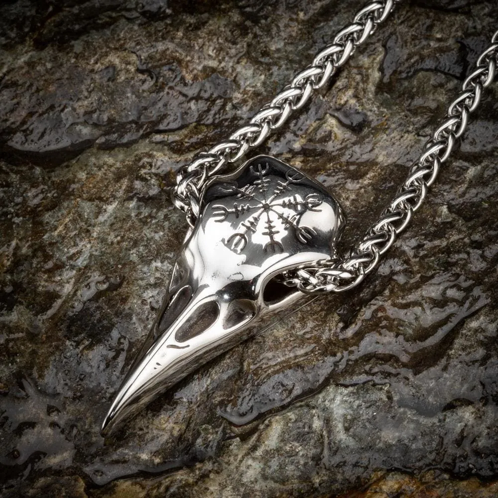 Stainless Steel Raven Skull and Helm of Awe Pendant