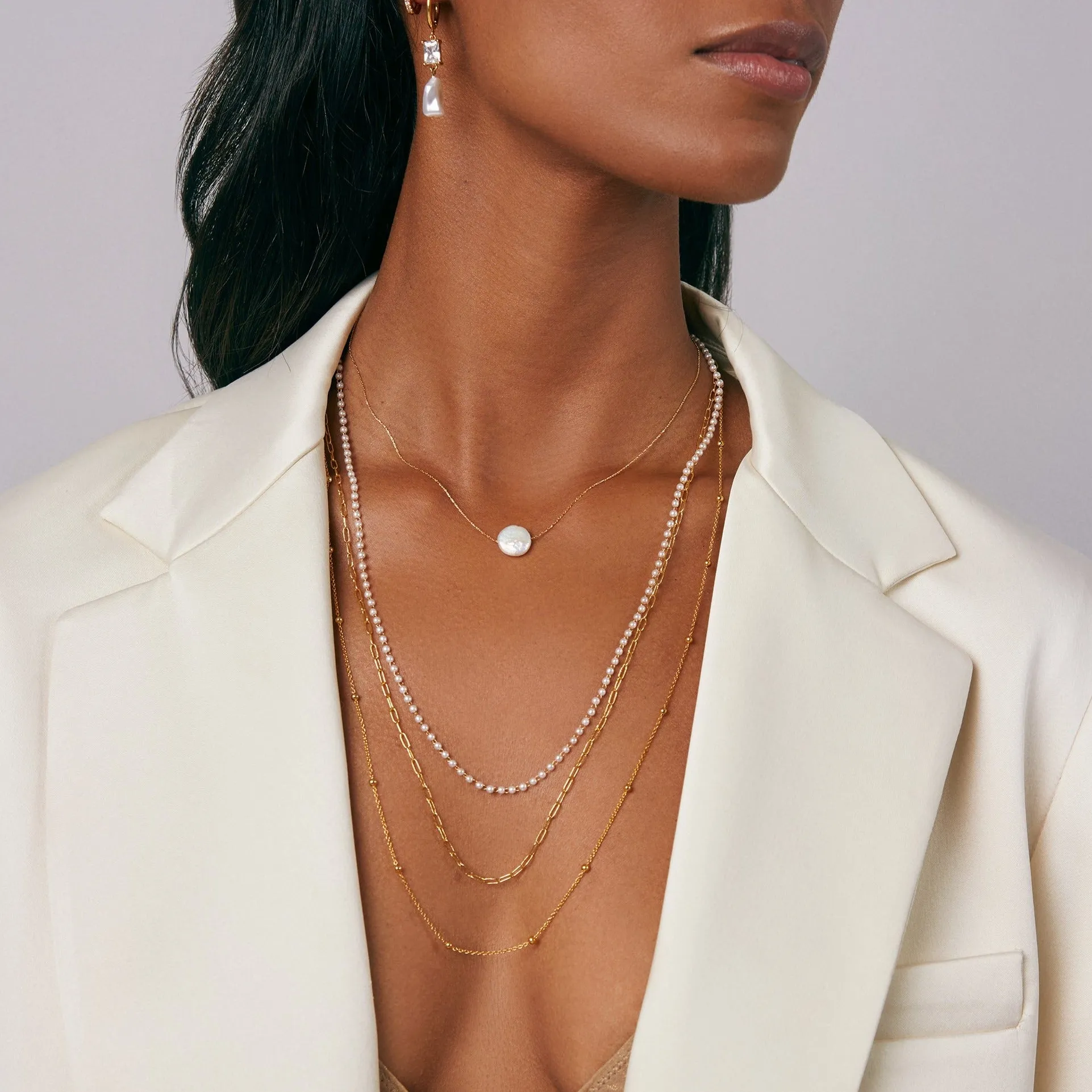 Stationed Flat Pearl Collar Necklace - Gold