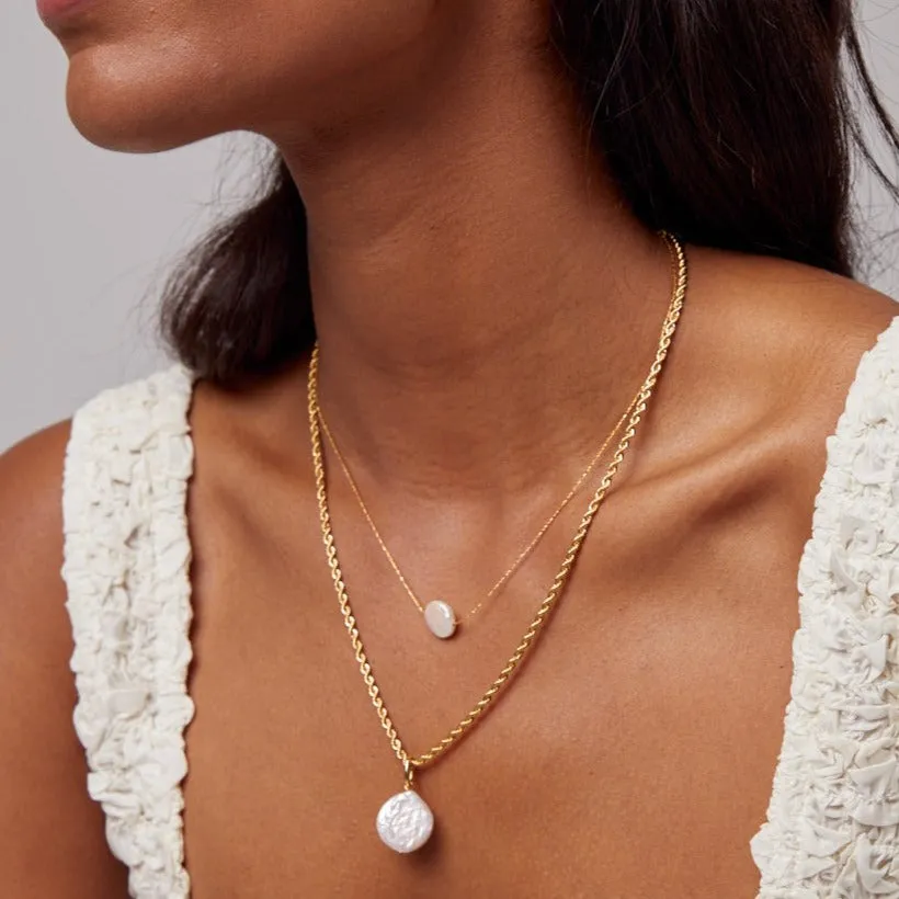 Stationed Flat Pearl Collar Necklace - Gold