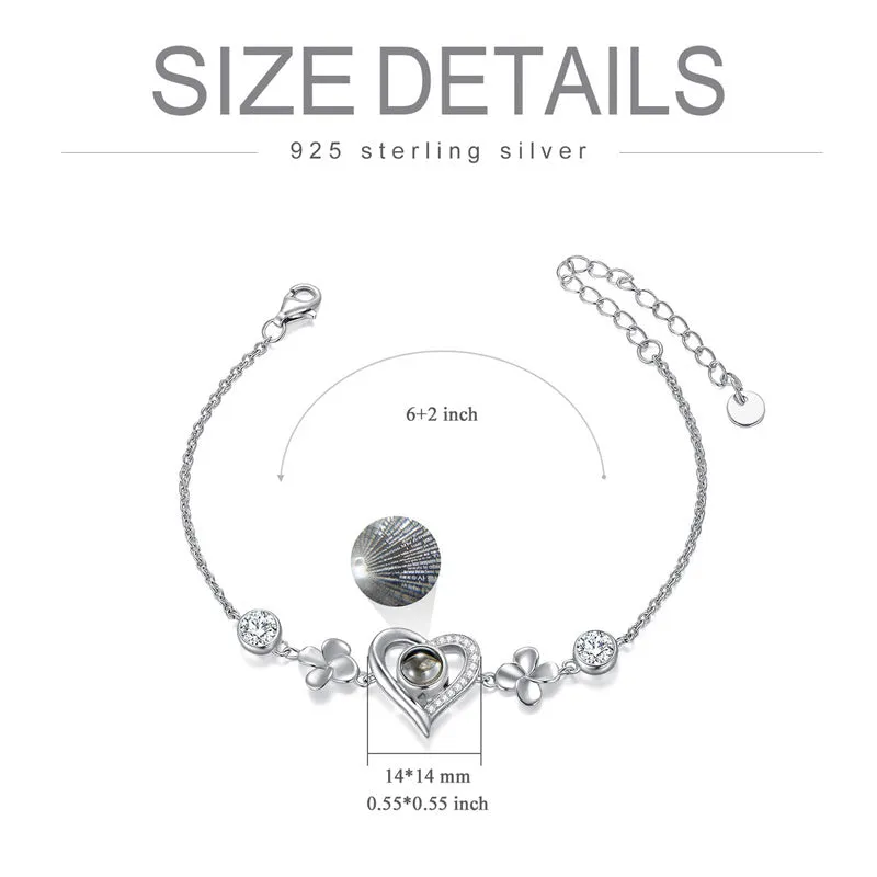 Sterling Silver Heart Bracelet I Love You 100 Languages Love Chain Bracelet with Cubic Zirconia for Women