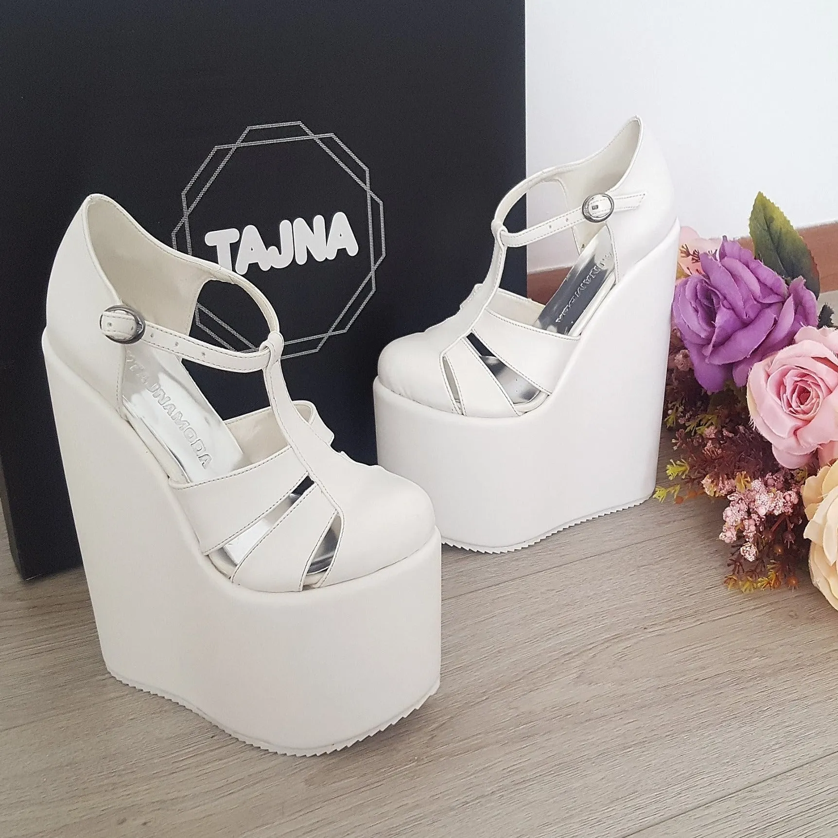 T Strap White Wedge Platform Shoes