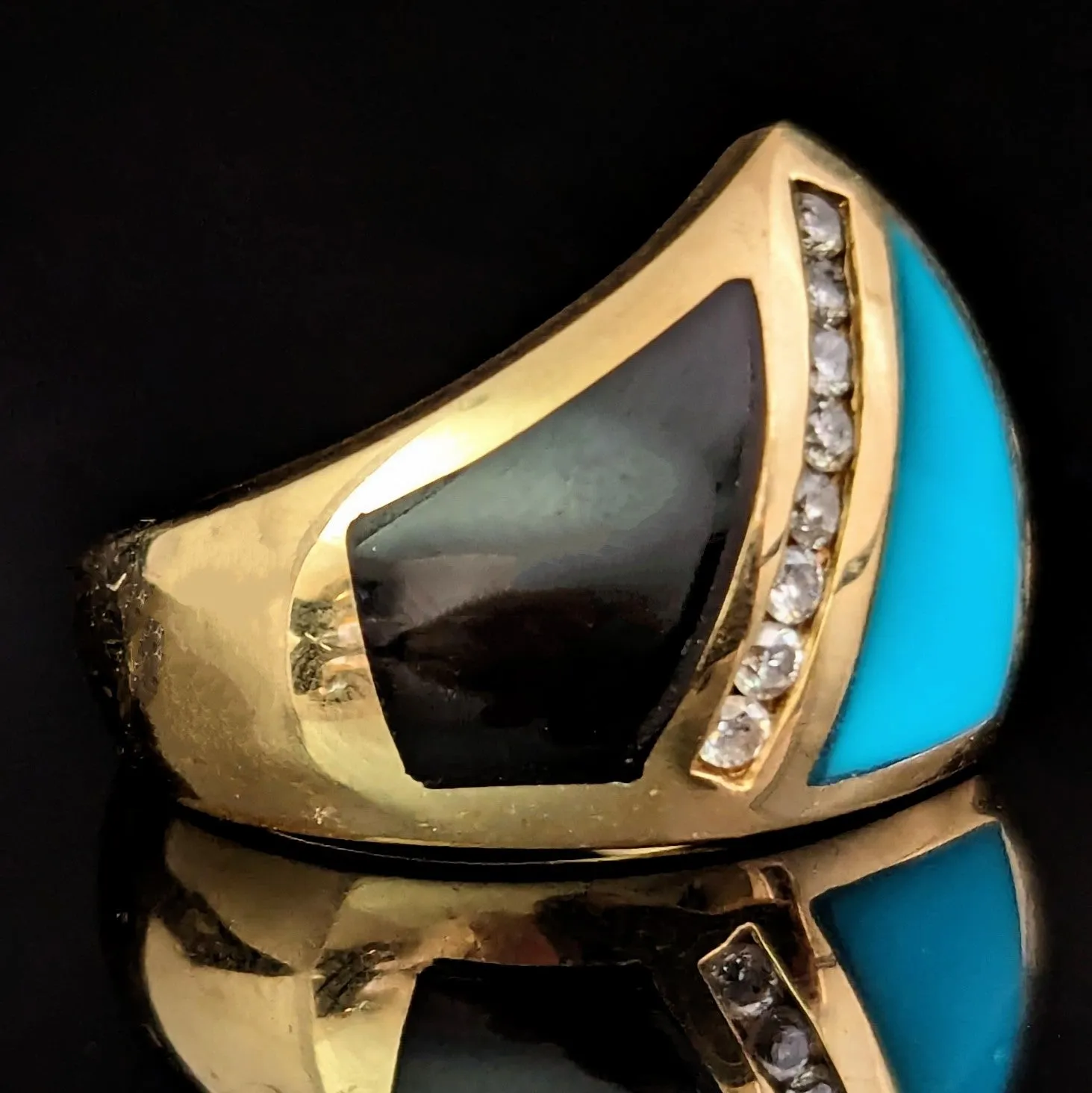 The Gaffney - Estate Diamonds Turquoise Onyx 14k Gold Cocktail Ring