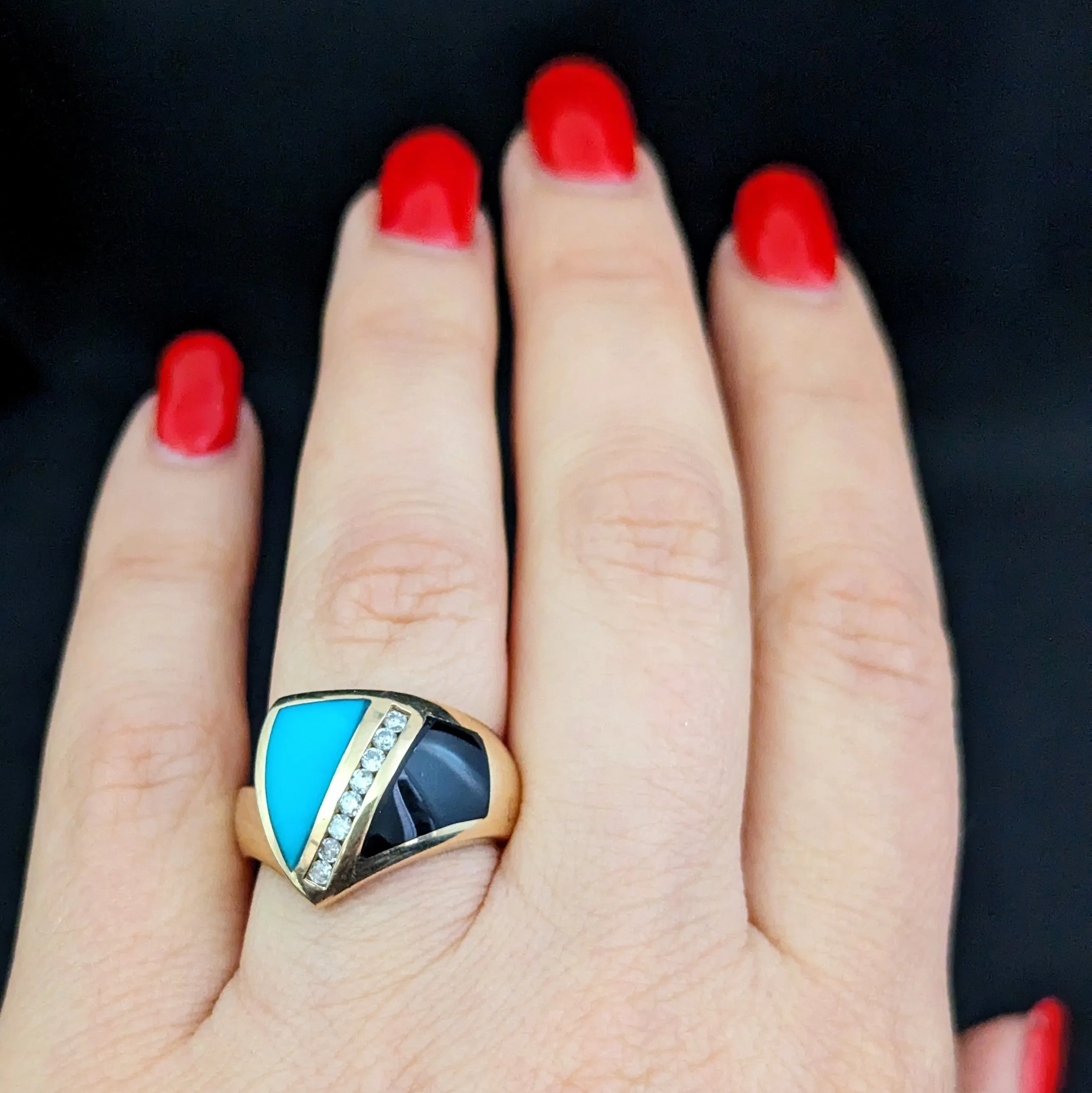 The Gaffney - Estate Diamonds Turquoise Onyx 14k Gold Cocktail Ring